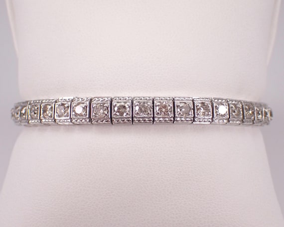14K White Gold Diamond Tennis Bracelet - Layering Everyday Stackable Beaded Link - Estate Anniversary Fine Jewelry Gift