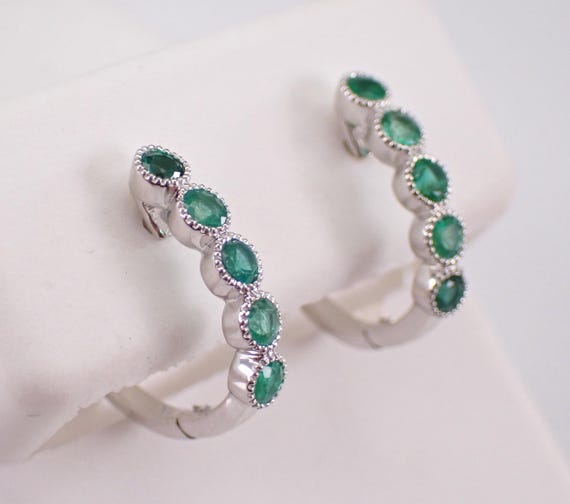 White Gold Emerald Hoop Earrings - Dainty Gemstone Huggies - May Birthstone Fine Jewelry Gift