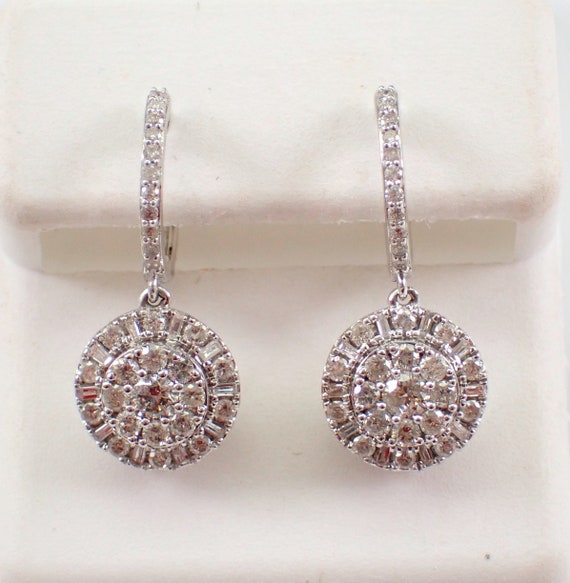 White Gold Diamond Earrings - Cluster Halo Dangle Drop Hoop - Unique Fine Jewelry Wedding Gift