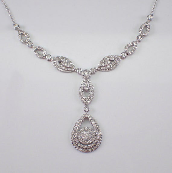 14K White Gold Diamond Lariat Necklace - Unique Cluster Drop Halo Pendant - 17 inch Choker Chain