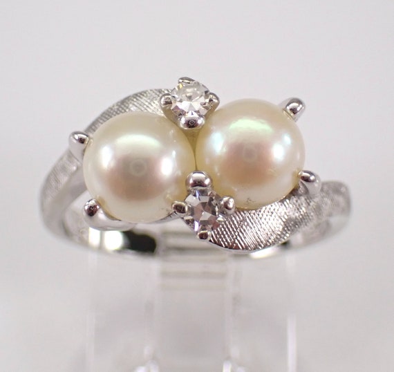 14K White Gold Pearl Ring, Vintage Diamond Setting, Antique Two Stone Statement Jewelry Gift