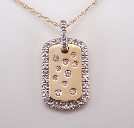 Diamond Dog Tag Pendant Necklace - Yellow Gold Dainty Unique Charm - Petite Rectangular Drop Choker Chain