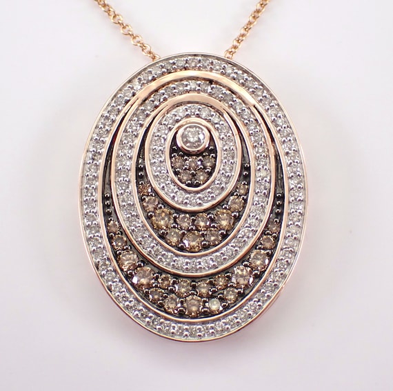 14K Rose Gold Cognac Diamond Pendant and Chain - Large Oval Disk Charm Choker Necklace - Unique GalaxyGems Fine Jewelry Gift