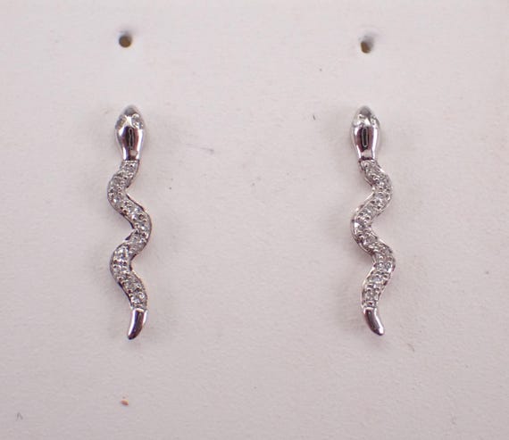 Diamond Snake Stud Earrings - White Gold Dainty Serpent Studs - Unique Climber Crawler Fine Jewelry Gift