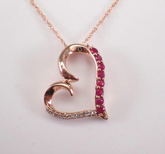 Rose Gold Ruby and Diamond Heart Necklace: Gemstone Charm Pendant Choker Chain