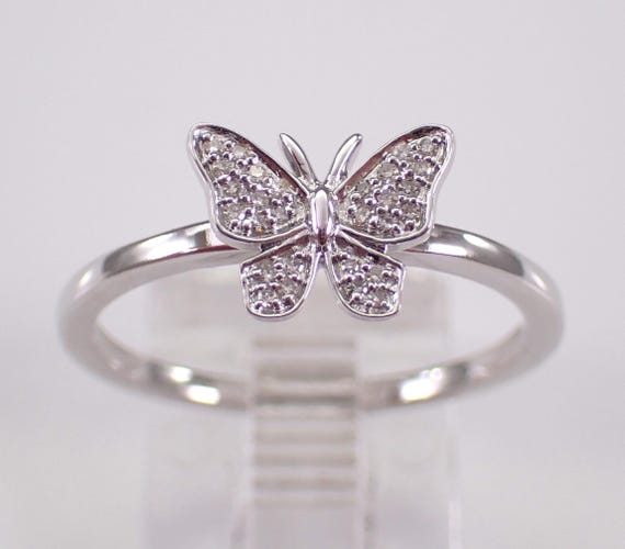 White Gold Diamond Butterfly Ring - Unique Stackable Fine Jewelry Gift - Dainty Cluster Right Hand Band