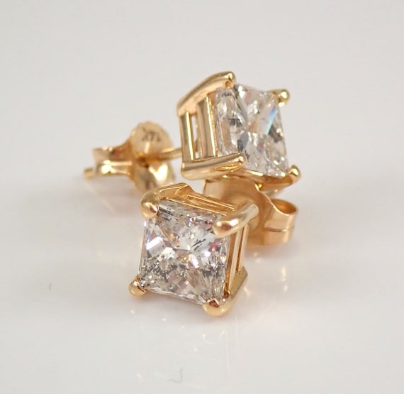 14K Yellow Gold Princess Cut Diamond Stud Earrings - Square Brilliant Simple Bridal Jewelry Gift