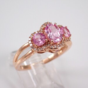 14K Rose Gold Pink Topaz Ring Three Stone Diamond Halo Anniversary Band Unique Bridal Wedding Gift image 2