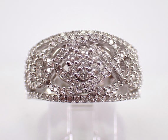 Diamond Cluster Anniversary Band - White Gold Flower Wedding Ring - Unique Stackable Bridal Fine Jewelry Gift