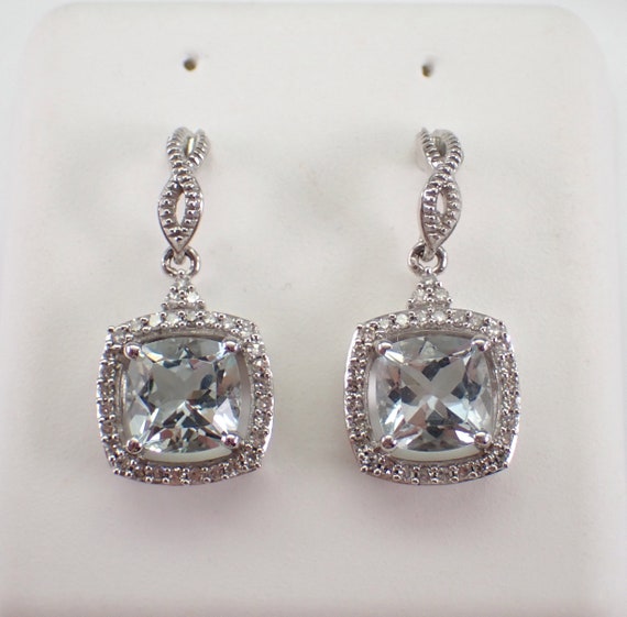 Cushion Cut Aquamarine and Diamond Earrings - White Gold Dangle Drop Halo Stud - March Birthstone Fine Jewelry Gift