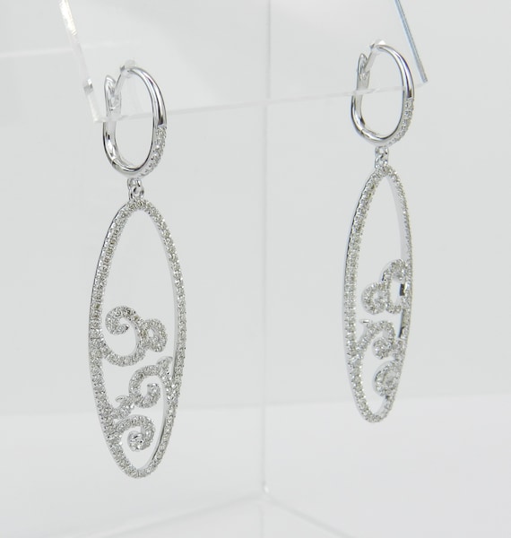 14K White Gold Dangle Earrings, Genuine Diamond Earrings, European Style Secure Clasp, Special Occasion Gift for Women