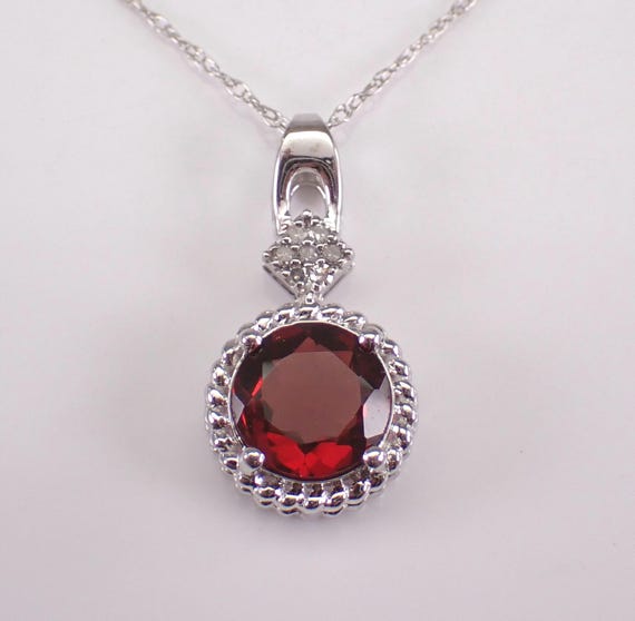 White Gold Garnet Pendant and Chain - Diamond and Gemstone Charm Necklace - January Birthstone Fine Jewelry Gift