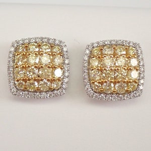 14K White and Yellow Gold 1.23 ct CANARY Diamond Halo Stud Earrings Cluster Studs