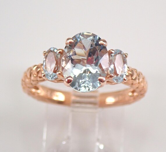 Aquamarine Three Stone Ring - Rose Gold Aqua Right Hand Band - Unique Gemstone Fine Jewelry Gift
