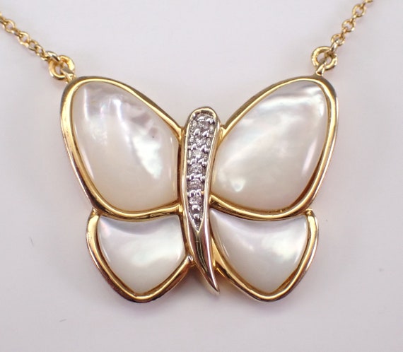 Mother of Pearl Butterfly Station Necklace - Yellow Gold Charm Pendant and Chain - GalaxyGems Birthday Jewelry Gift