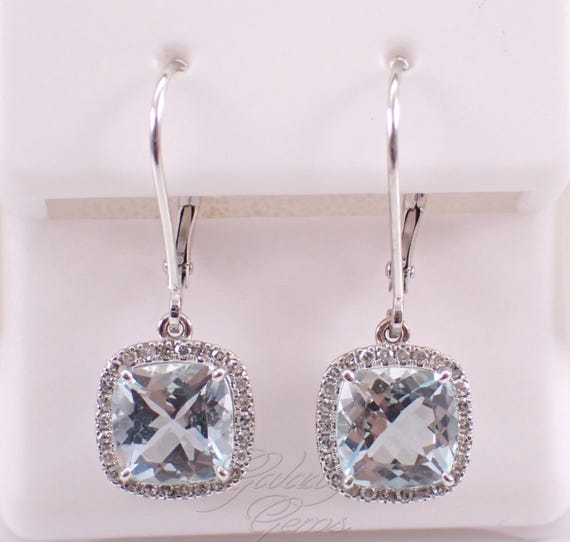 White Gold Diamond and Aquamarine Earrings: March Aqua Gemstone Dangles