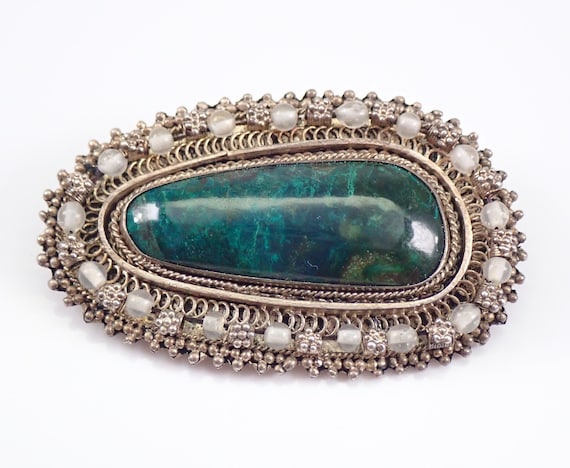 Vintage Sterling Silver Chrysocolla Pendant, Made in Israel Beaded Halo Brooch