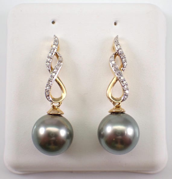 Black Tahitian Pearl and Diamond Earrings - 14K Yellow Gold Dangle Jewelry Gift - June Birthstone Gemstone
