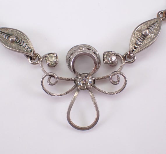 Sterling Silver Cubic Zirconia Tennis Necklace, Antique Station Choker Pendant and Chain, Estate Formal Wear Dressy Jewelry Gift