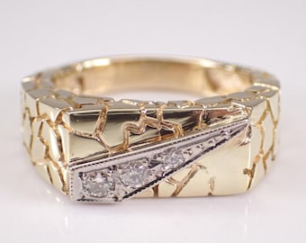 Mens 14K Yellow Gold Diamond Wedding Ring: Bridal Textured Nugget Anniversary Band for Him