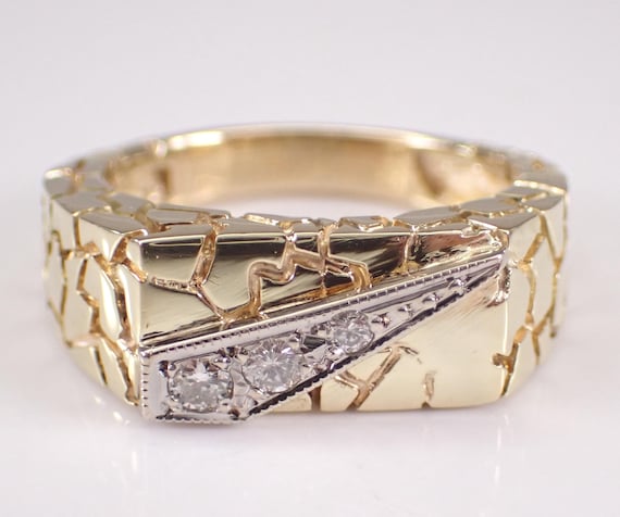 Mens 14K Yellow Gold Diamond Wedding Ring: Bridal Textured Nugget Anniversary Band for Him