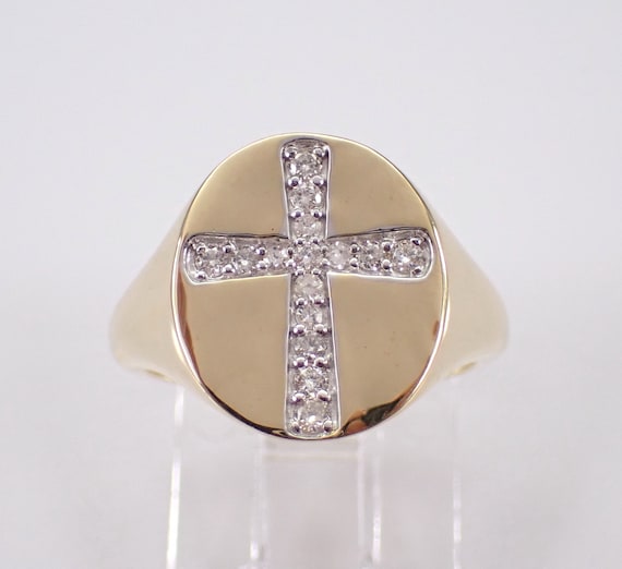 14K Yellow Gold Diamond Cross Ring - Unique Oval SIGNET Style Band - GalaxyGems Religious Jewelry Gift