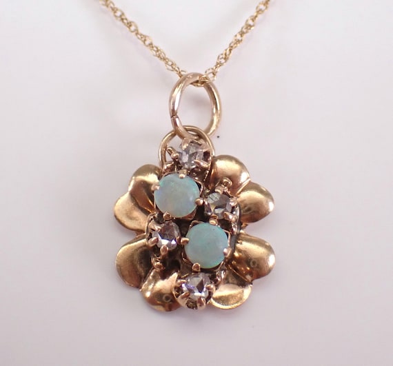 Antique Yellow Gold Opal Necklace - Rose Cut Diamond Charm Pendant and Chain -  October Birthstone Dainty Jewelry Gift