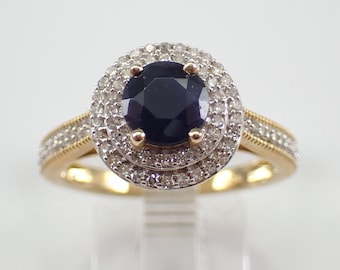 Sapphire and Diamond Halo Ring - Yellow Gold Bridal Engagement Band - GalaxyGems Gemstone Fine Jewelry Gift