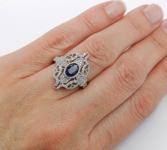 Vintage Style Genuine Sapphire Ring, Antique Reproduction Diamond Setting, 14kt White Gold September Birthstone Jewelry