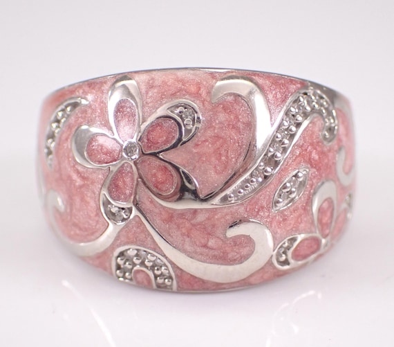 Vintage Sterling Silver Enamel Ring - Estate Diamond Flower Dome Band - Unique Birthday Jewelry Gift