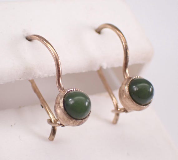 Antique Sterling Silver Gold Plated Earrings - Vintage Jade Gemstone Drops - Unique Kidney Wire Clasp