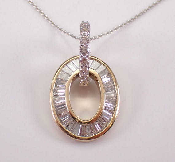 14K Gold Baguette Diamond Pendant and Chain - Two Tone Oval Halo Charm Necklace - Unique White and Yellow Gold Fine Jewelry Gift
