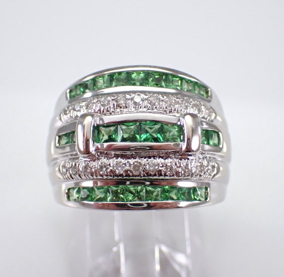 Tsavorite Garnet and Diamond Ring - 14k White Gold Fine Jewelry Gift - Unique Princess Cut Gemstone Cocktail Band