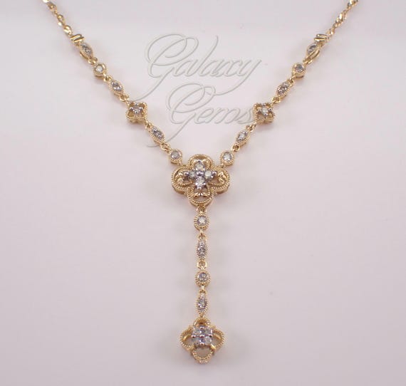 14K Yellow Gold Diamond LARIAT Tennis Necklace: Star Flower Dangle Charm Pendant and Chain
