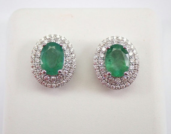 Emerald and Diamond Stud Earrings - 14k White Gold Double Halo - May Birthstone Fine Jewelry Gift