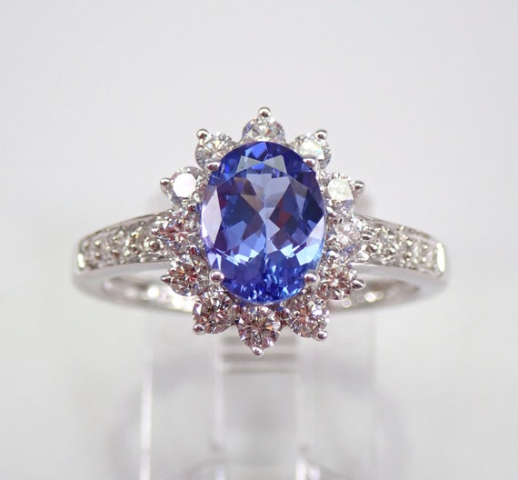 Tanzanite and Diamond Ring - 14K White Gold Halo Engagement Ring - December Birthstone Bridal Jewelry