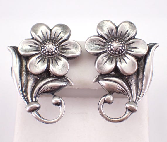 Vintage Sterling Silver Earrings, Non Pierced Screwback Flower Clip Ons, Oxidized Ornate Artisan Jewelry Gift