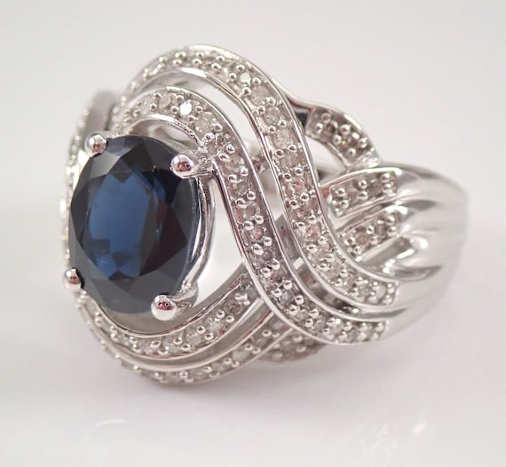 White Gold Sapphire Cocktail Ring: Large Diamond Crossover Setting