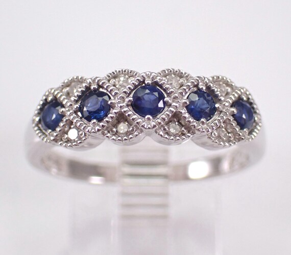Sapphire and Diamond Wedding Ring, White Gold Gemstone Anniversary Band, Dainty September Birthstone Fine Jewelry Gift