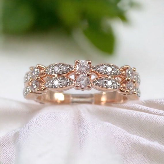 Solid Rose Gold Wedding Band - Genuine Diamond Anniversary Ring - Stackable 2 Row Design - Unique Bridal Jewelry