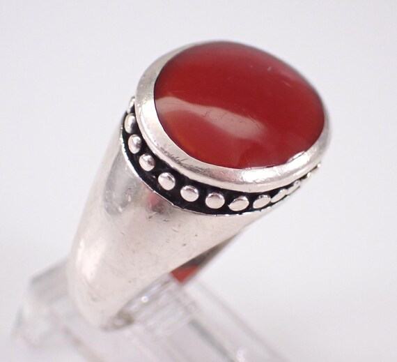 Vintage Sterling Silver Carnelian Ring - Large Estate Gemstone Signet Style Band - Beaded Right Hand Jewelry Solitaire