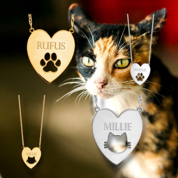 Cat Name Heart Necklace, Feline Kitten Engraved Pendant, Silver Puppy Dog Paw Print Necklace, Animal Lover Memorial Gift