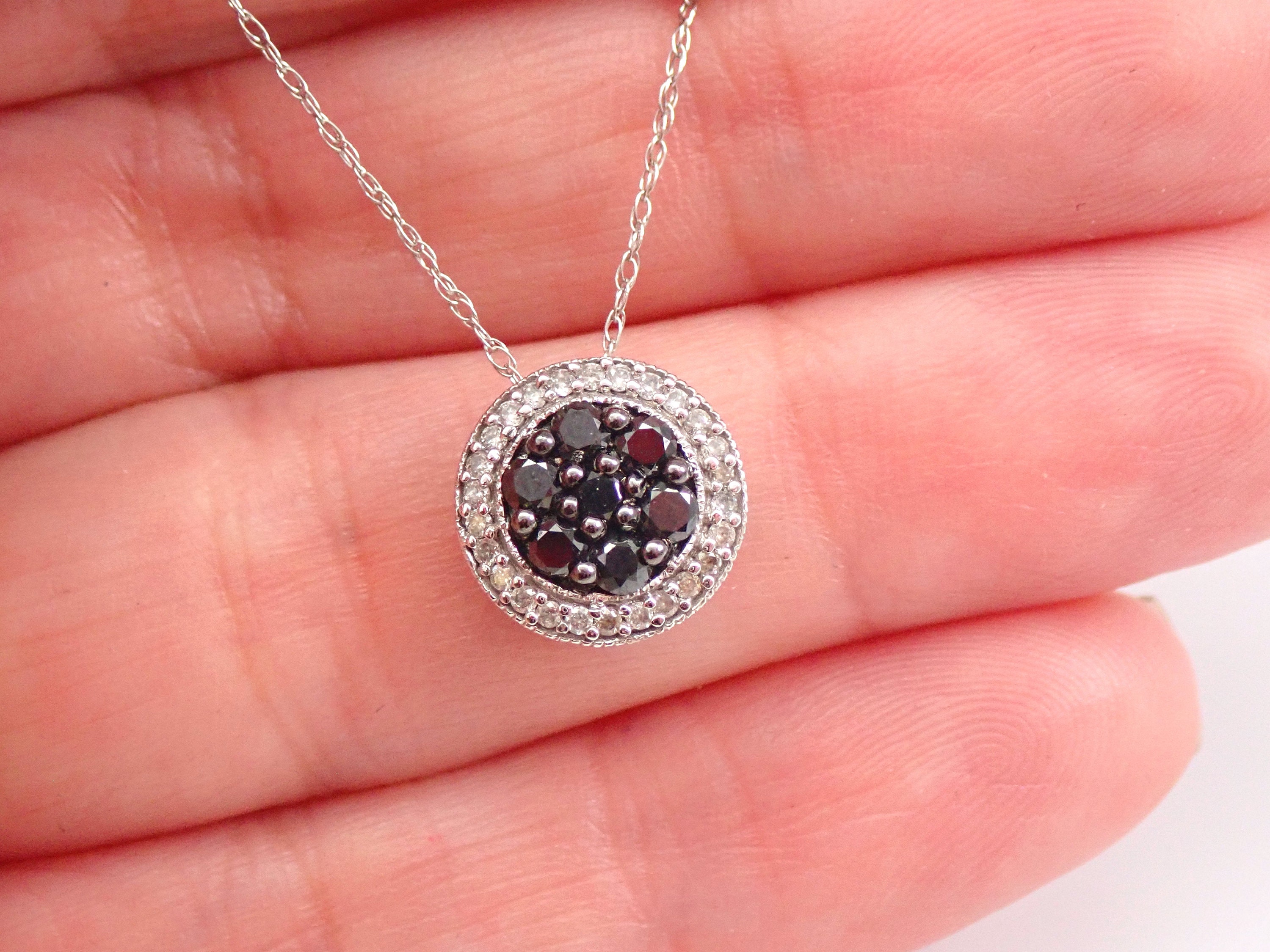 Black Diamond Necklace White Gold Cluster Halo Necklace 18 Chain PERFECT GIFT For Women Black