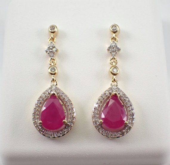 Ruby and Diamond Dangle Earrings - Yellow Gold Teardrop Fine Jewelry - July Birthstone Gemstone Gift