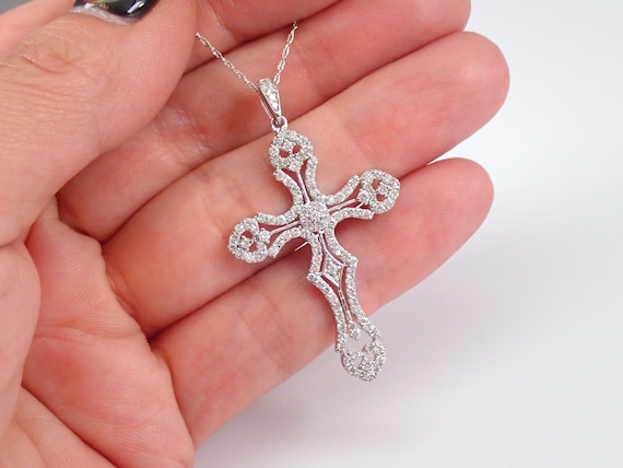 Genuine Diamond Cross Pendant - Solid White Gold Religious Necklace - Genuine Natural Victorian Style Cross Charm and Chain