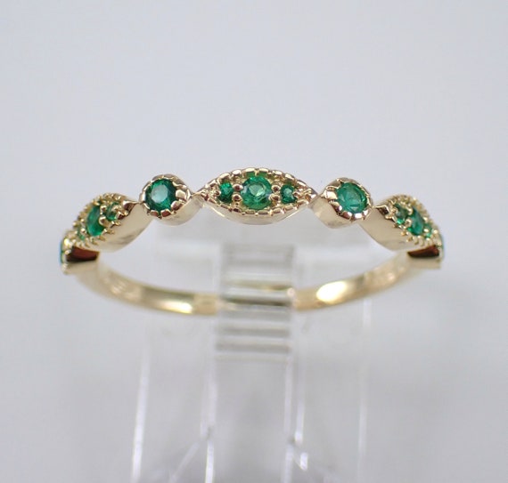 Genuine Emerald Wedding Ring, Solid Yellow Gold Stacking Anniversary Band, May Gemstone Gift for Women