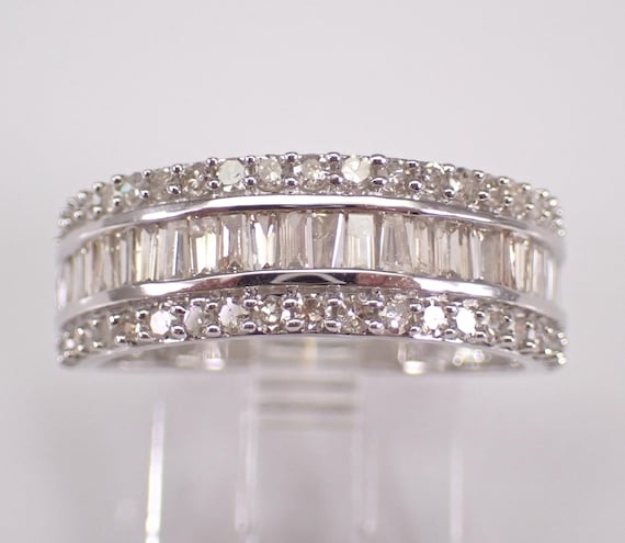 14K White Gold Baguette Diamond Wedding Ring: Multi Row Stackable Anniversary Band
