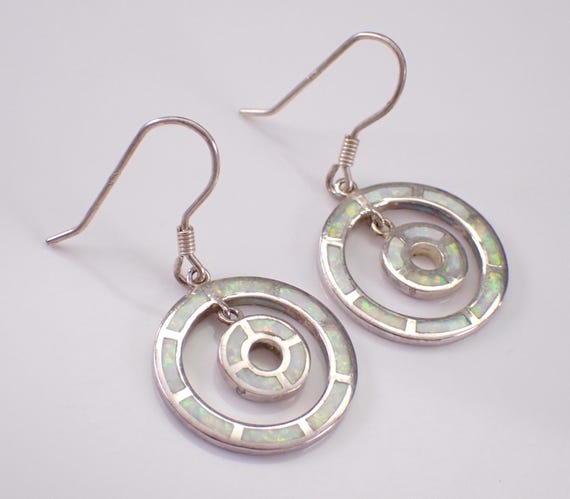 Sterling Silver Opal Inlay Dangle Earrings - Vintage Gemstone Drops on Kidney Wire