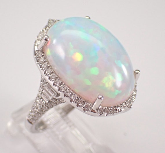 14K White Gold Opal and Diamond Ring, Large Gemstone Halo Setting, October Birthstone Bridal Jewelry Gift