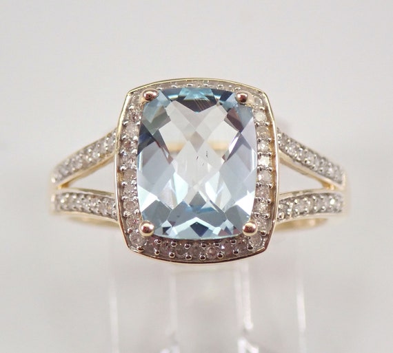 Aquamarine and Diamond Ring - Halo Engagement Ring - Solid 10K Yellow Gold March Birthstone Jewelry
